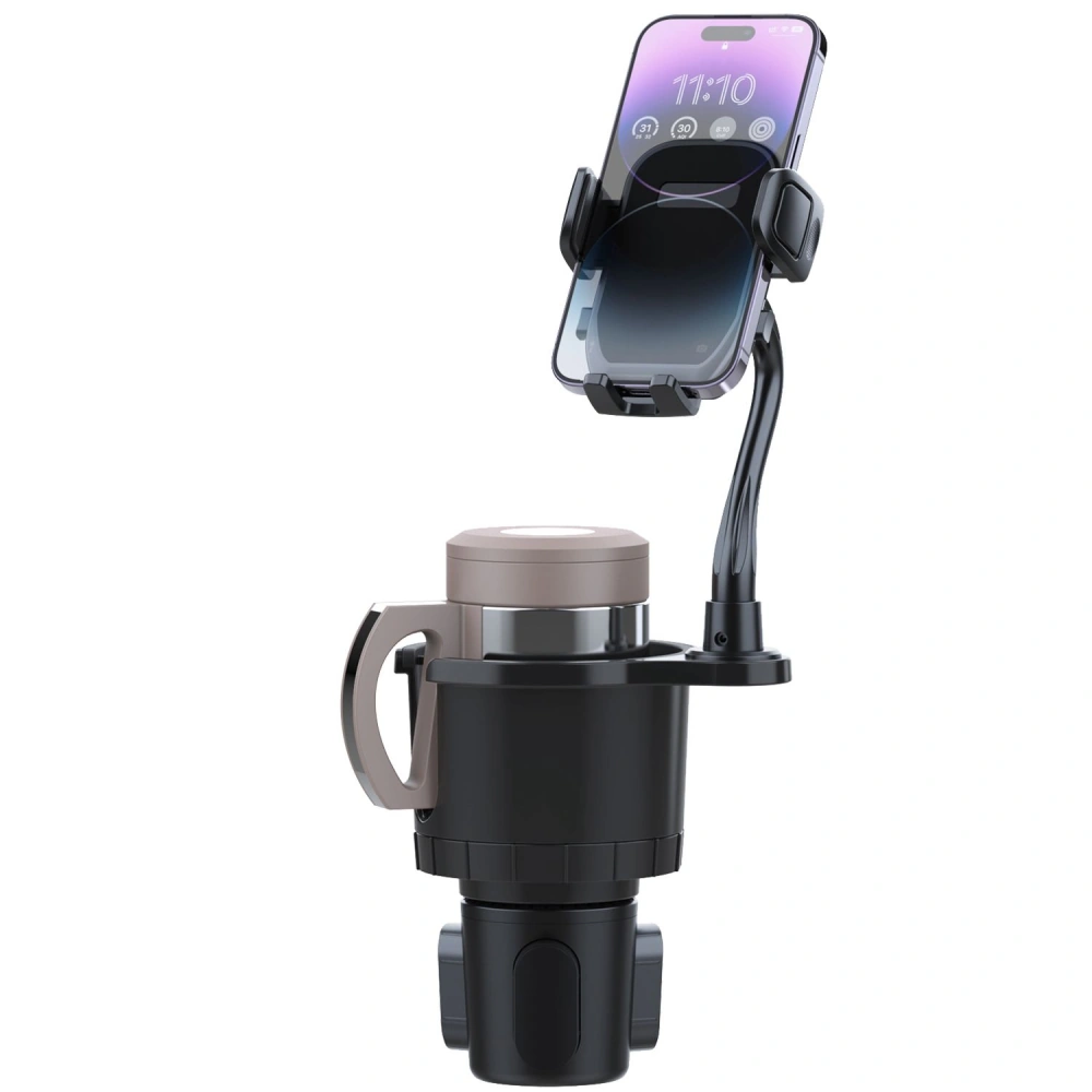 Car cup holder phone mount with adjustable arm, designed to securely hold smartphones while driving, featuring a sleek black and gray design.