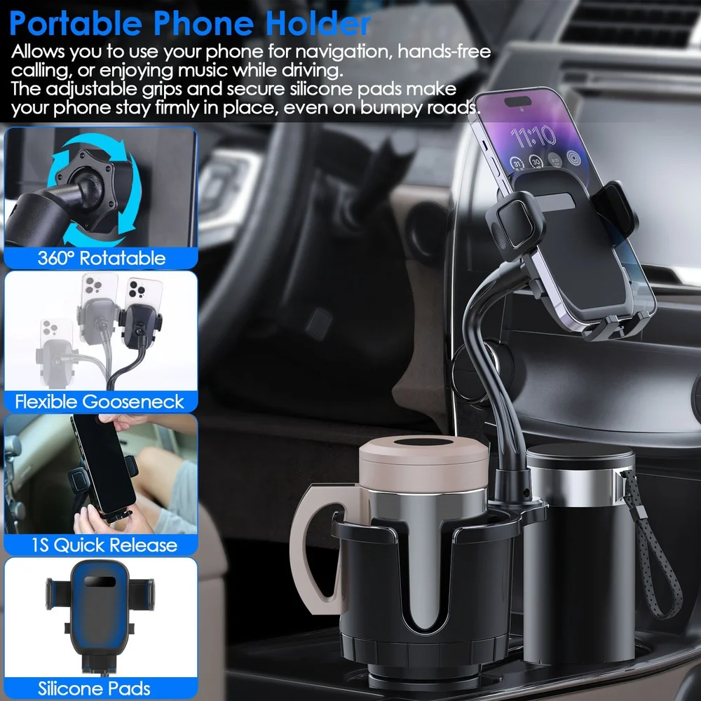 Portable phone holder with adjustable grips, 360° rotation, and silicone pads, designed to securely hold smartphones for hands-free navigation and calls while driving.