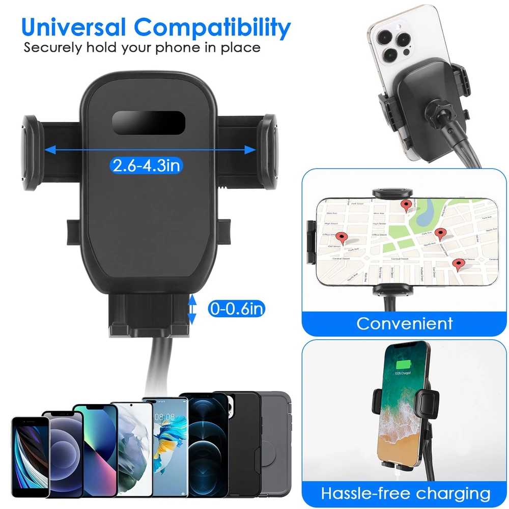 Universal smartphone car mount holder with adjustable grips for secure placement, compatible with various phone sizes, featuring convenient access for maps and hassle-free charging.
