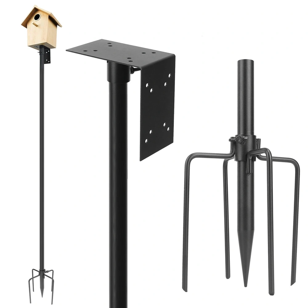 Black metal birdhouse mounting pole with a wooden birdhouse on top, featuring a base plate for secure attachment and a digging tool for easy installation.
