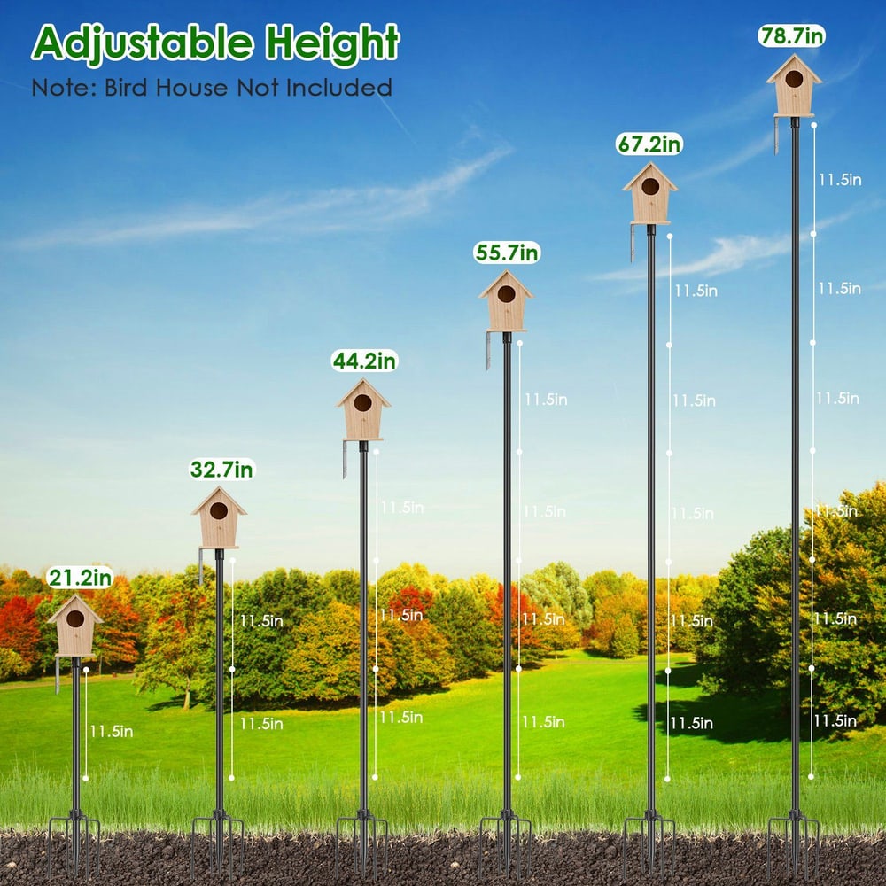 Adjustable height birdhouse pole options ranging from 21.2 inches to 78.7 inches in a scenic outdoor setting, with clear measurement indicators, note indicating birdhouse not included.