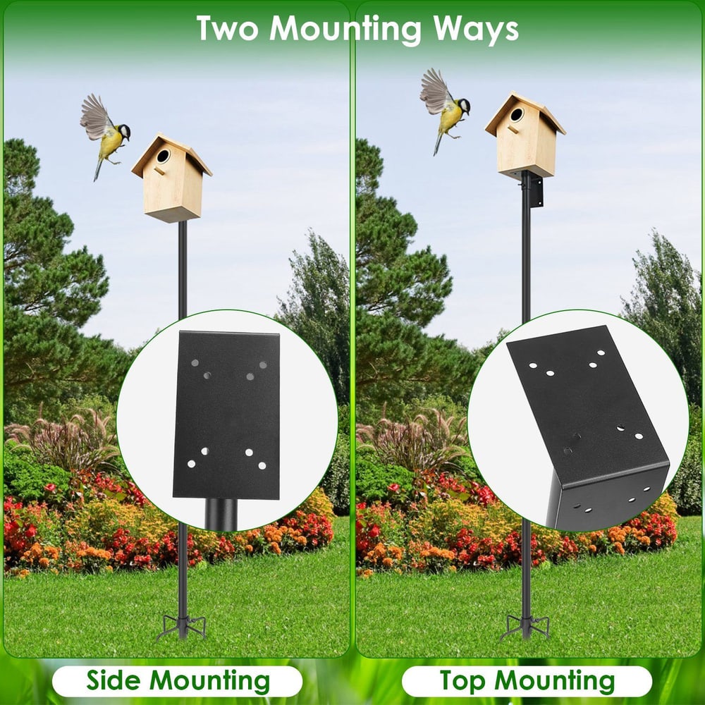 Birdhouse featuring a wooden design, displayed with two mounting options (side and top) on a garden pole, with a flying bird in the background and a vibrant flower garden below.