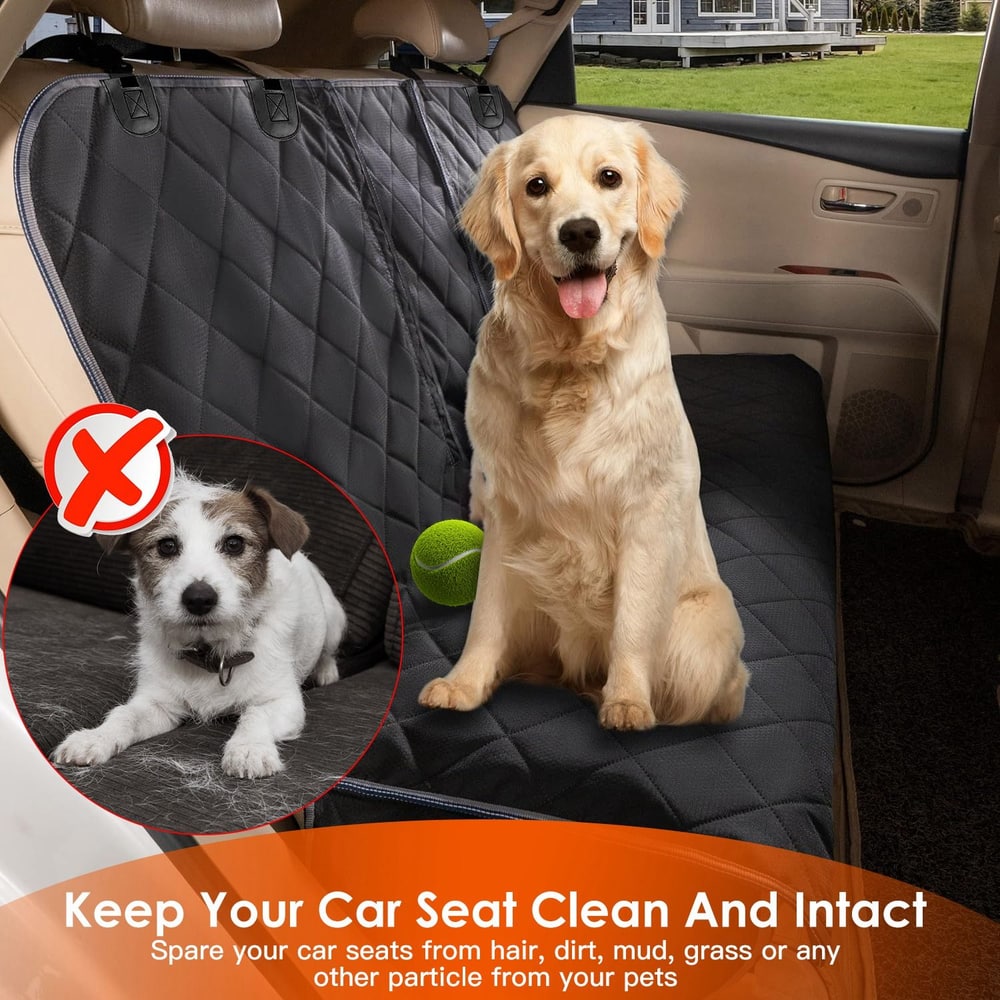 Dog car seat cover featuring a golden retriever in a vehicle, designed to protect car upholstery from pet hair, dirt, and stains, with clear labeling about its cleaning benefits.