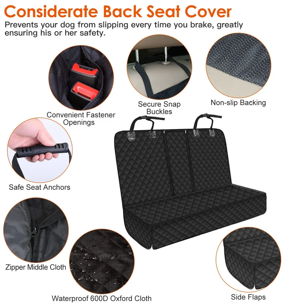 Black quilted back seat cover for dogs with secure snap buckles, non-slip backing, and waterproof 600D Oxford cloth, designed to prevent slipping during car rides for enhanced pet safety.