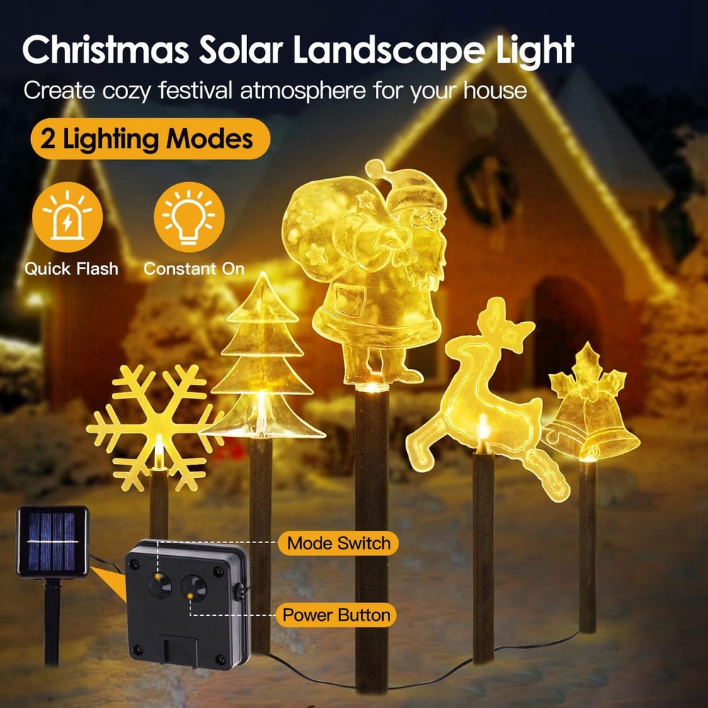 Christmas solar landscape lights featuring festive designs including Santa, a Christmas tree, a snowflake, a reindeer, and a bell, with two lighting modes: quick flash and constant on, ideal for creating a cozy holiday atmosphere.