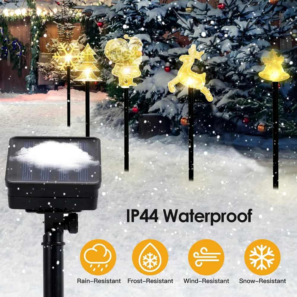 Solar-powered festive yard decorations featuring illuminated Christmas shapes, including a snowflake, Christmas tree, Santa Claus, reindeer, and bell, set against a snowy outdoor landscape, highlighting IP44 waterproof capabilities and weather resistance icons.
