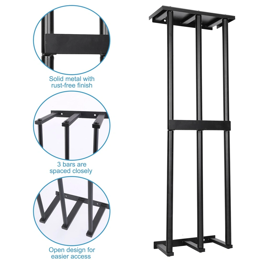 Black metal storage rack with three closely spaced bars and an open design for easy access, featuring a rust-free finish for durability.