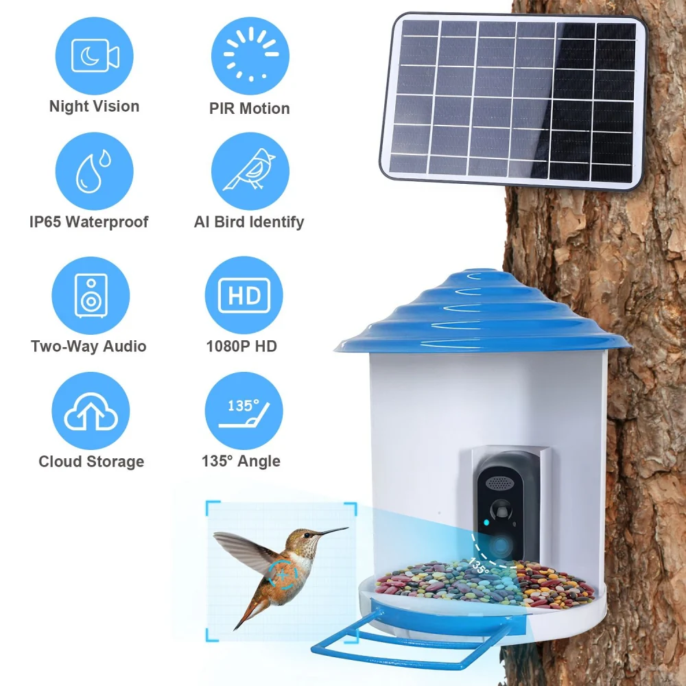 Smart bird feeder with 1080P HD camera, solar panel, night vision, two-way audio, and AI bird identification features, designed to attract and monitor birds.