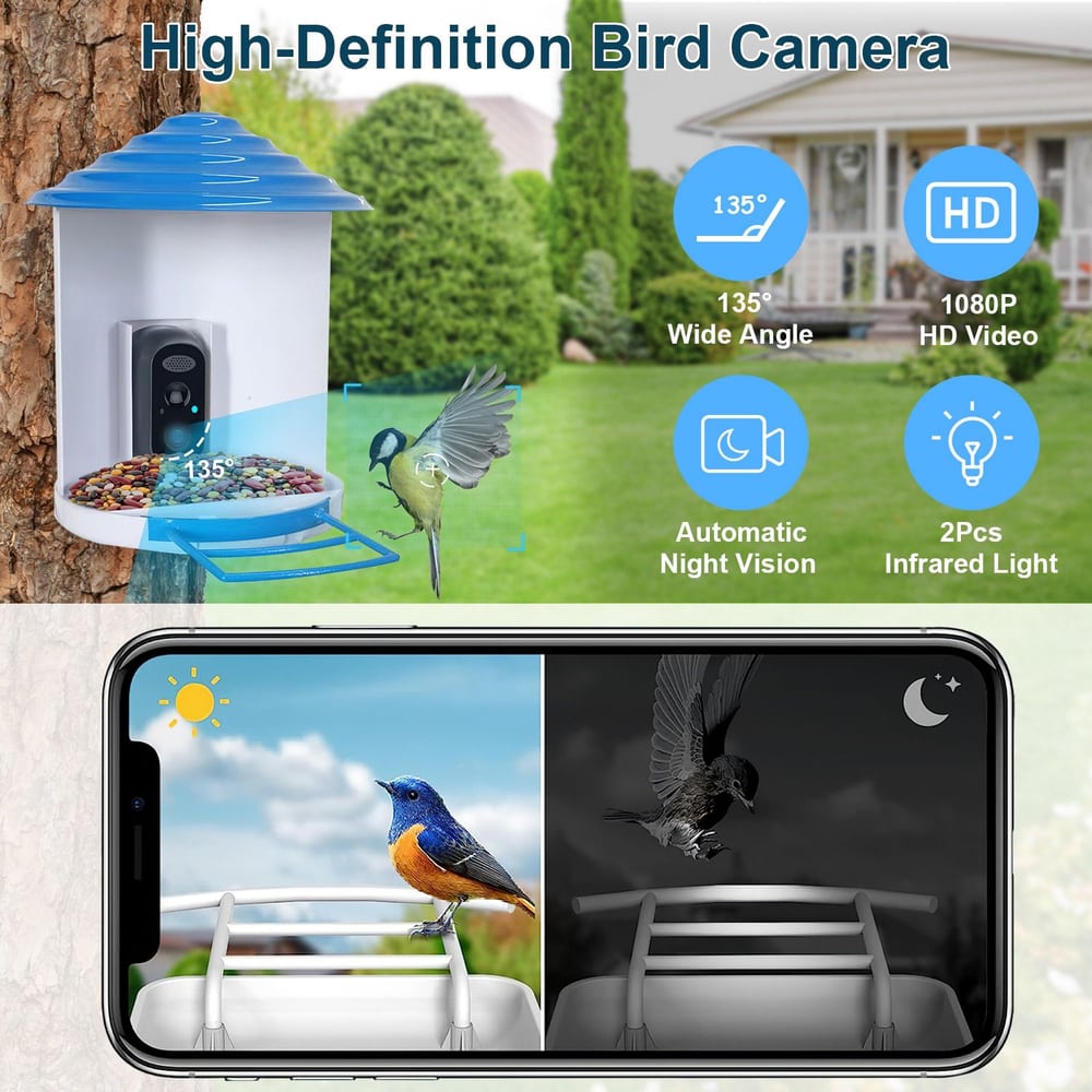 High-definition bird feeder camera with 135° wide angle, automated night vision, and 1080P HD video capability, showcased with a smartphone display of birds in daylight and night settings.