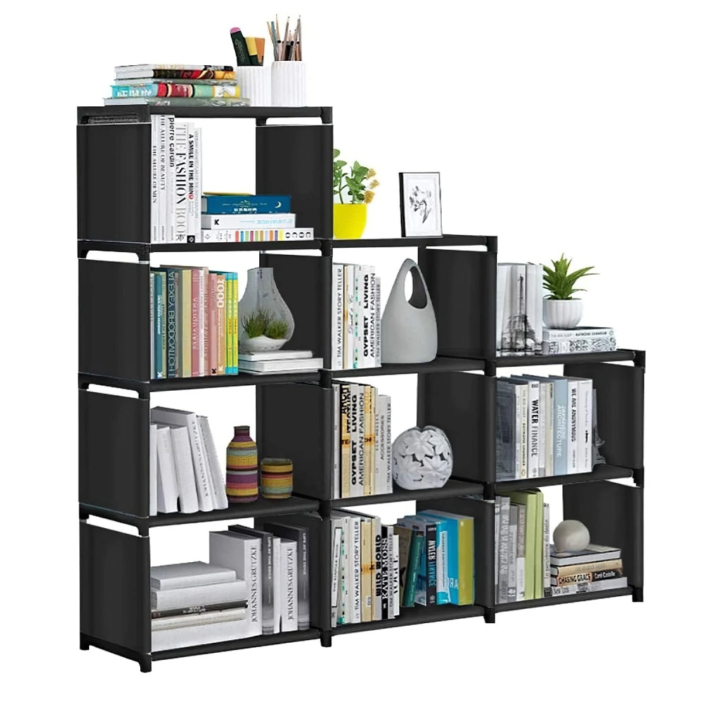 Modern black bookshelf with multiple compartments, filled with colorful books, decorative vases, and plants, perfect for stylish home organization.