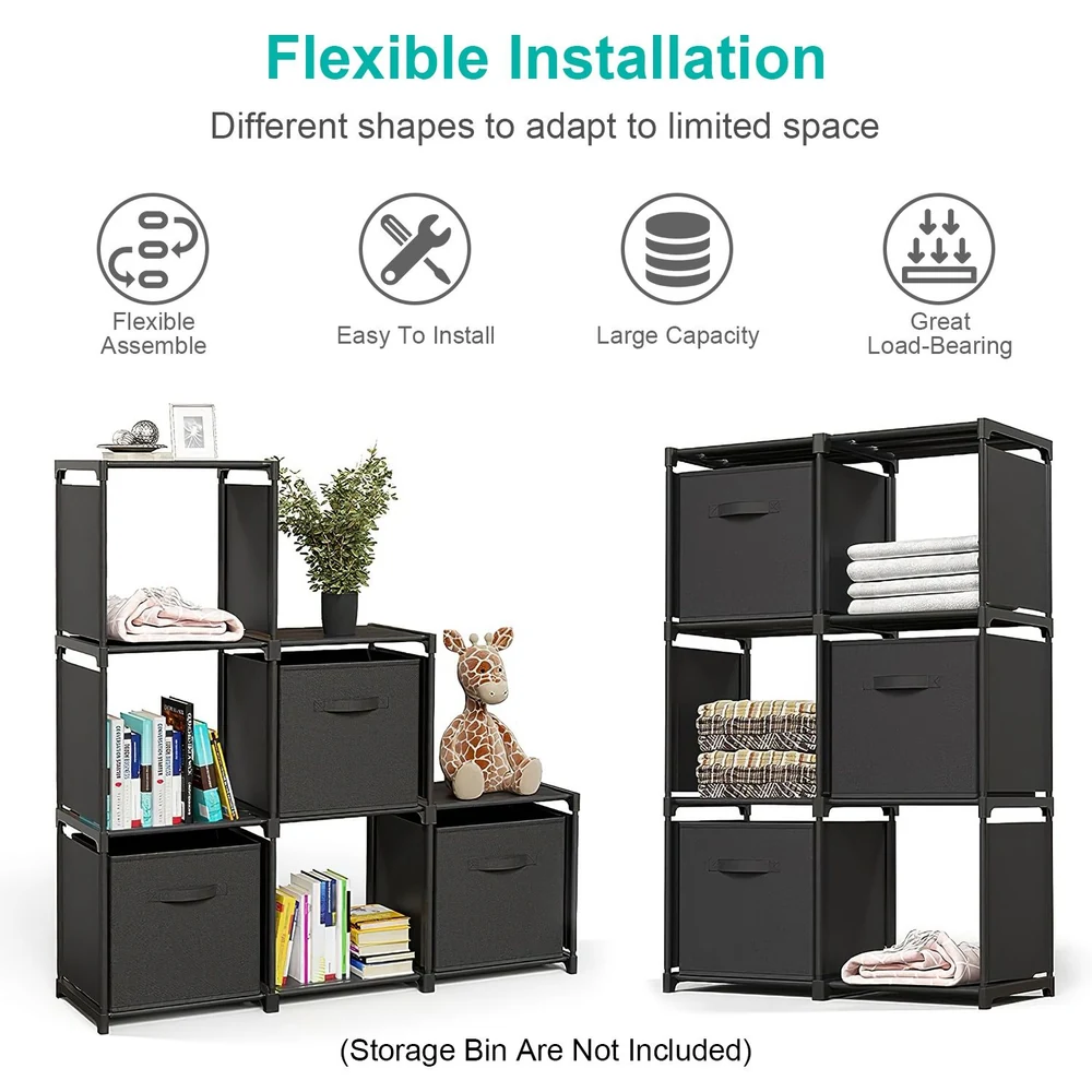 Multi-functional adjustable shelving unit in black, featuring a combination of open and closed storage spaces for efficient organization in small spaces, with decorative items, books, and towels displayed.