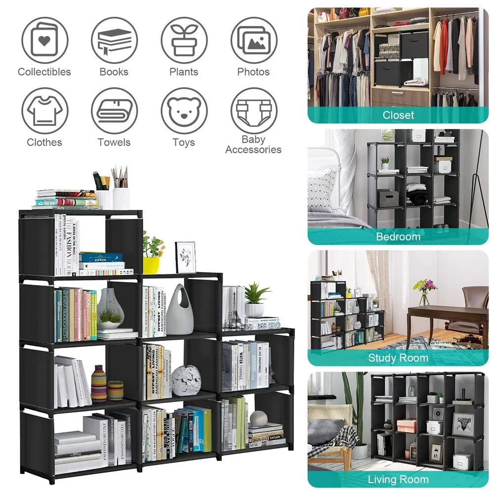 Multi-functional black bookshelf with decorative shelves displaying books, plants, and decor items, suitable for organizing spaces in closets, bedrooms, study rooms, and living rooms.