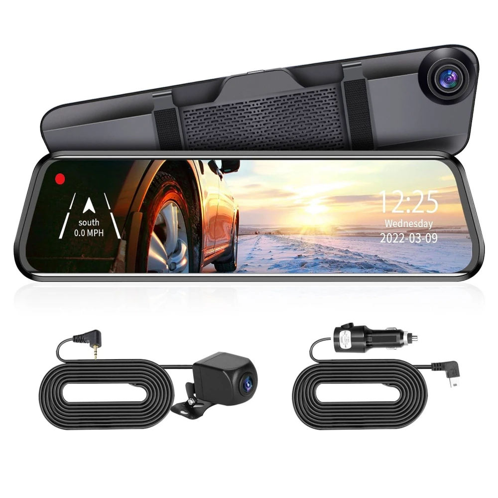 High-definition rearview mirror dash camera with touch screen display, detachable camera, and car charger, designed for vehicle safety and navigation.