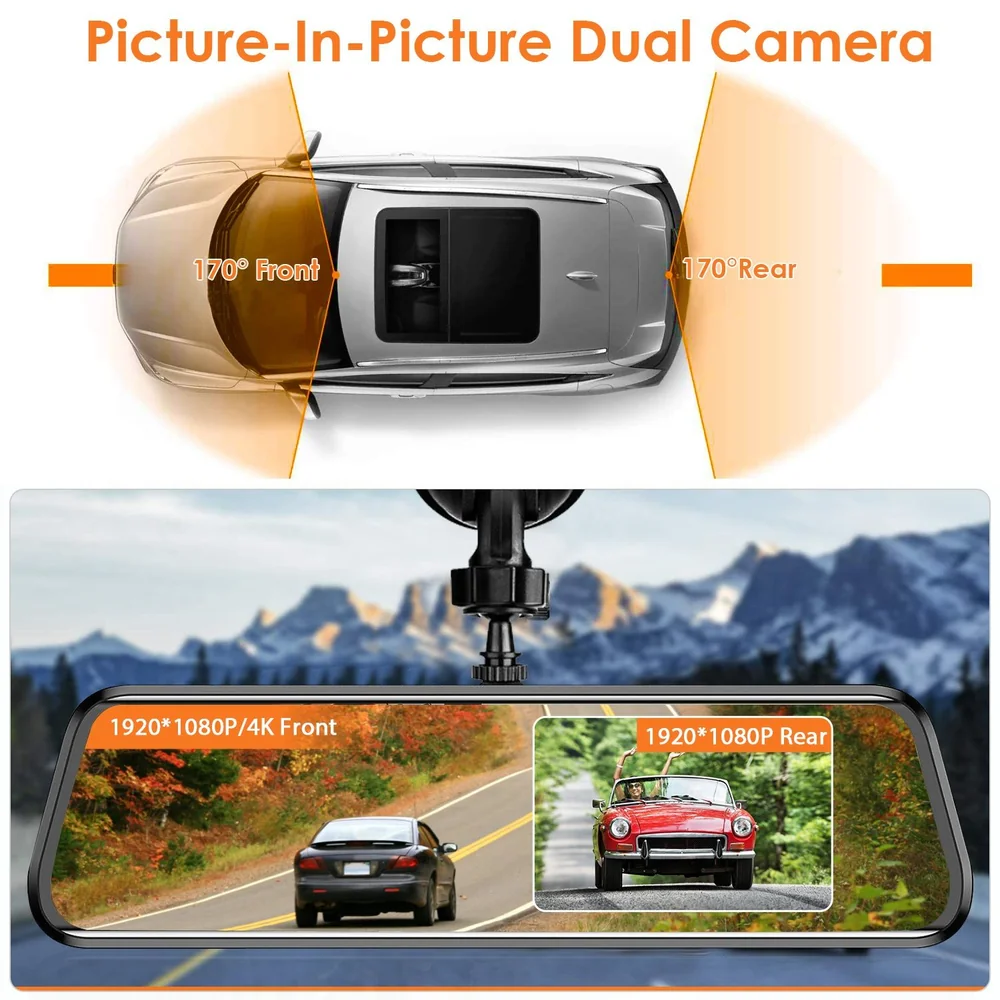 Dual camera rearview mirror displaying front and rear views, featuring 170° wide-angle lenses, 1920*1080P resolution, and a picture-in-picture mode for enhanced safety while driving.