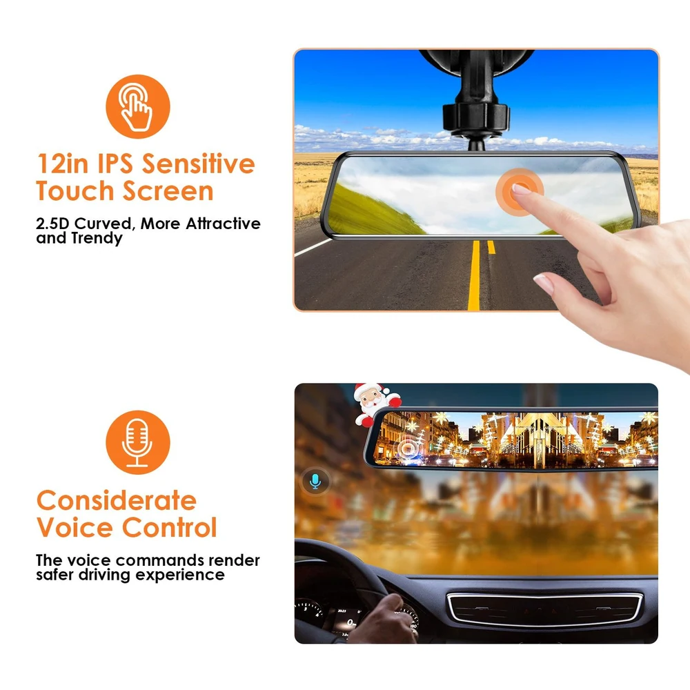 12-inch IPS touch screen car mirror with voice control features for enhanced safety while driving, displaying a scenic road view and nighttime cityscape.