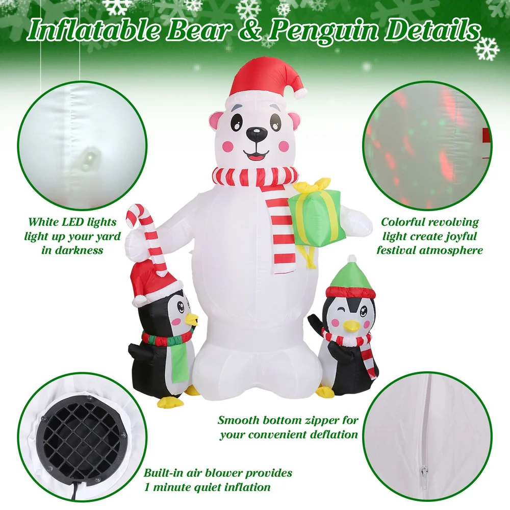 Inflatable Christmas bear and penguin decorations with LED lights and a colorful revolving light, designed for festive outdoor display.