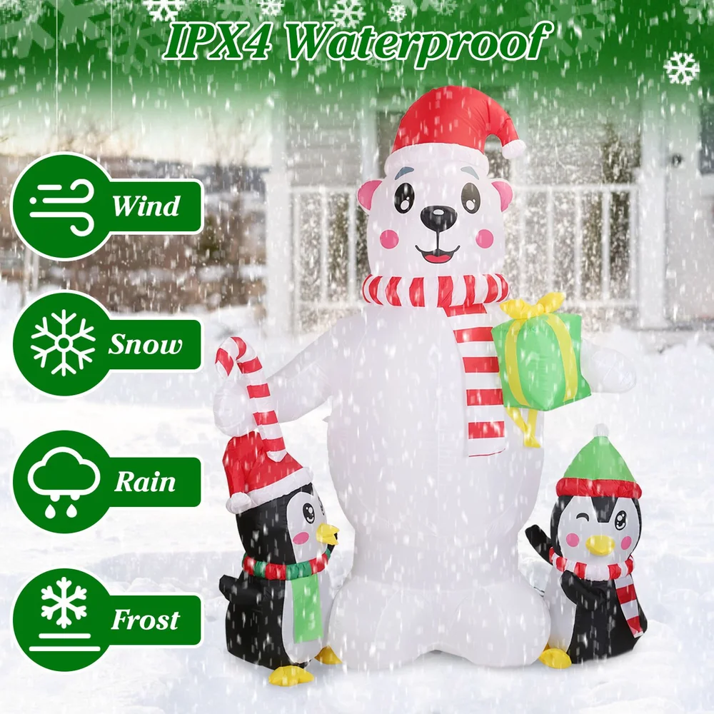 Inflatable polar bear with festive scarf and gift, accompanied by two cheerful penguin decorations, designed for outdoor use with IPX4 waterproofing, standing in a snowy environment.