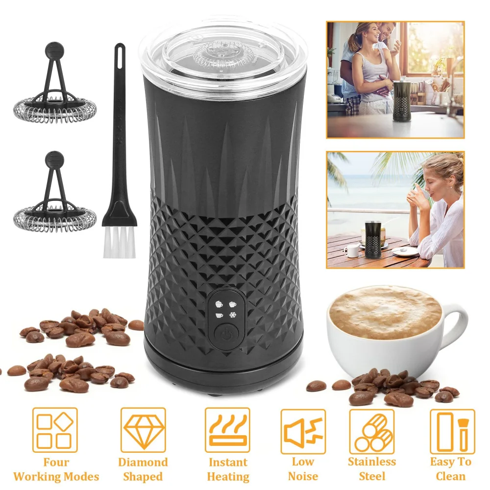 Electric milk frother with diamond-shaped design, featuring four working modes, instant heating, and low noise operation, accompanied by coffee beans and a cup of frothy coffee; includes a cleaning brush and whisks for easy maintenance.