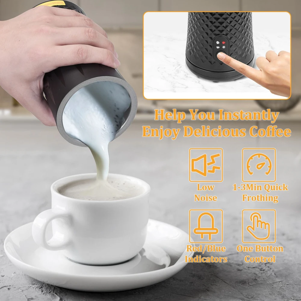 Hand pouring milk from a frother into a white coffee cup on a saucer, showcasing features like low noise, quick frothing, and one-button control for easy coffee preparation.
