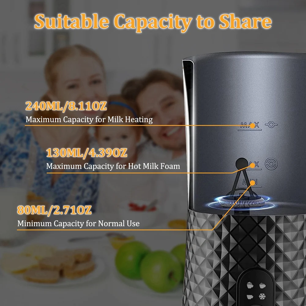 Electric milk frother with capacity markings showing 240ml for heating milk, 130ml for frothing, and 80ml minimum for normal use, designed for home use with a stylish black pattern in the background.