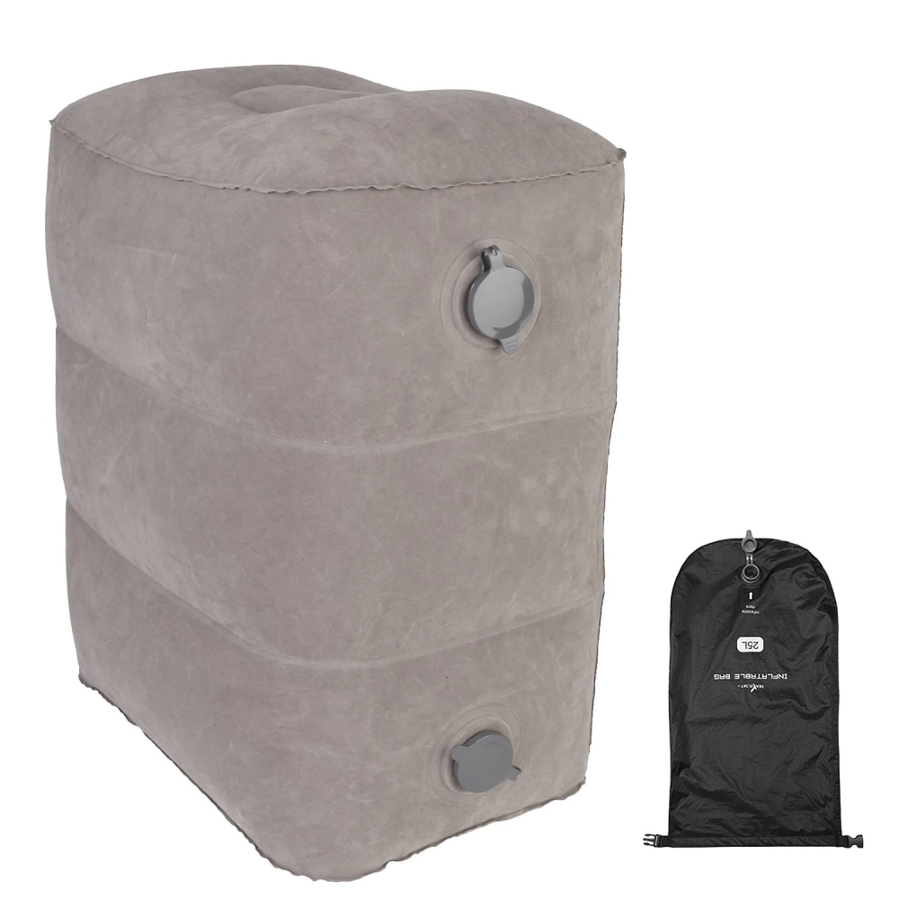 Inflatable gray ottoman with built-in cup holders and a black carrying bag for easy transport.