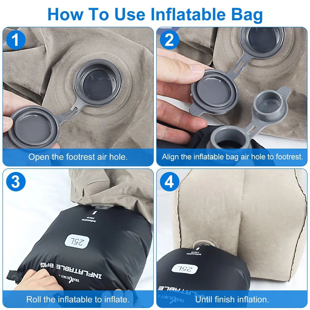 Inflatable bag usage guide with four steps: opening the footrest air hole, aligning the inflatable bag air hole, rolling to inflate, and finishing inflation process.