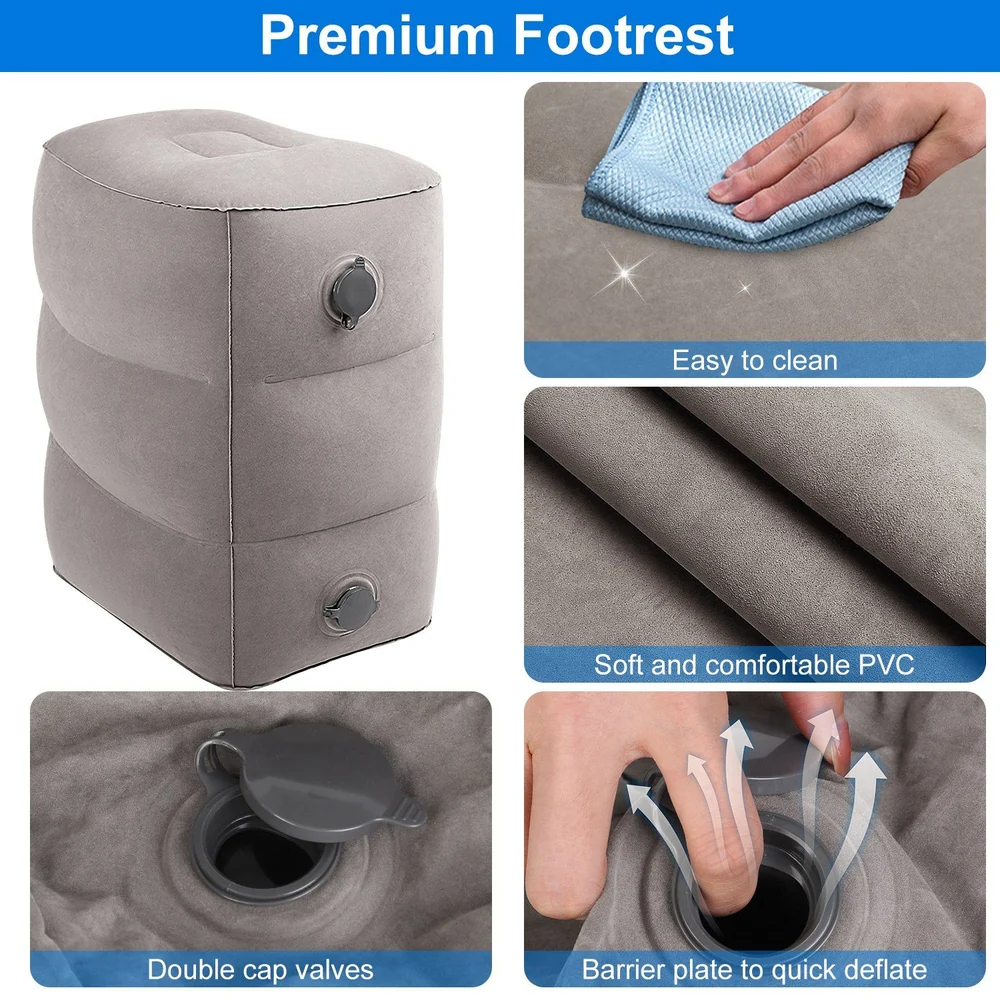 Premium inflatable footrest with a soft gray surface, featuring double cap valves for easy inflation and deflation, designed for comfort and easy cleaning.