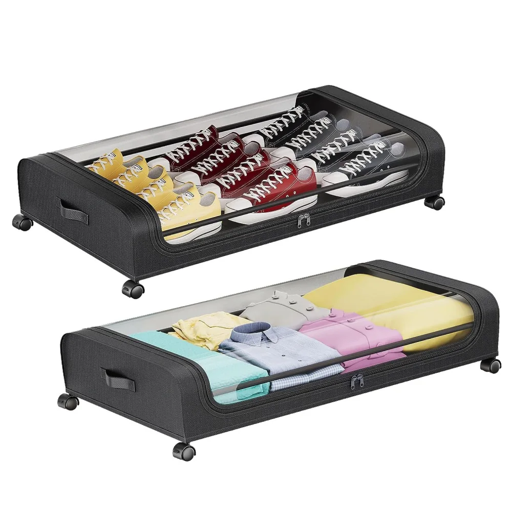 Black shoe and clothing storage organizer with clear top, showcasing colorful sneakers and folded shirts, featuring wheels for easy mobility.