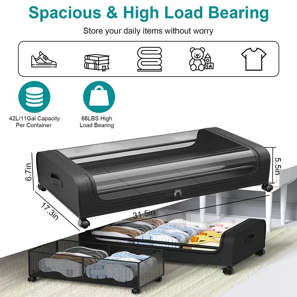 Spacious black storage container with transparent lid, featuring wheels, designed to hold up to 66 lbs and 42 liters of clothing, shoes, and toys under a bed or furniture.