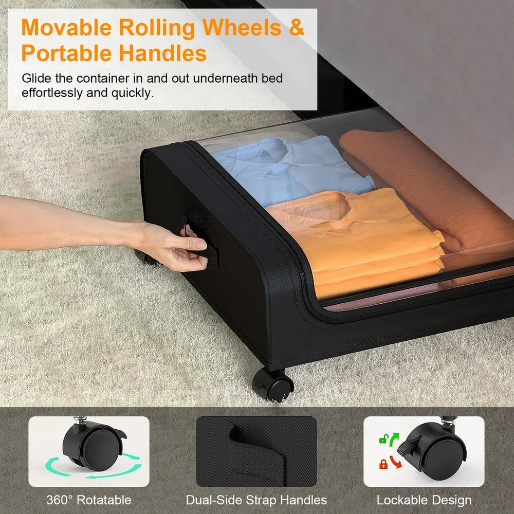 Underbed storage container with movable rolling wheels and dual-side strap handles, featuring visible folded shirts in blue and orange, designed for easy access and organization.