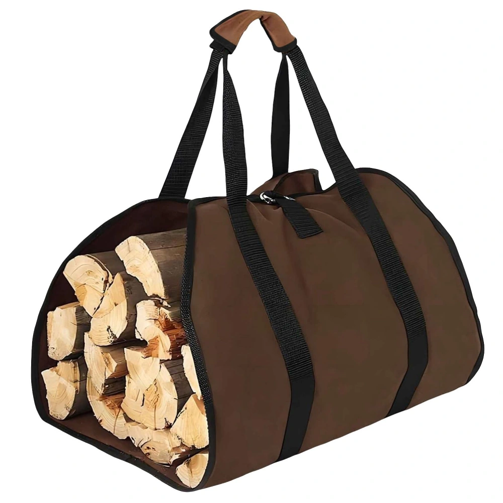 Durable brown log carrier bag with black straps, filled with neatly stacked firewood for easy transportation.