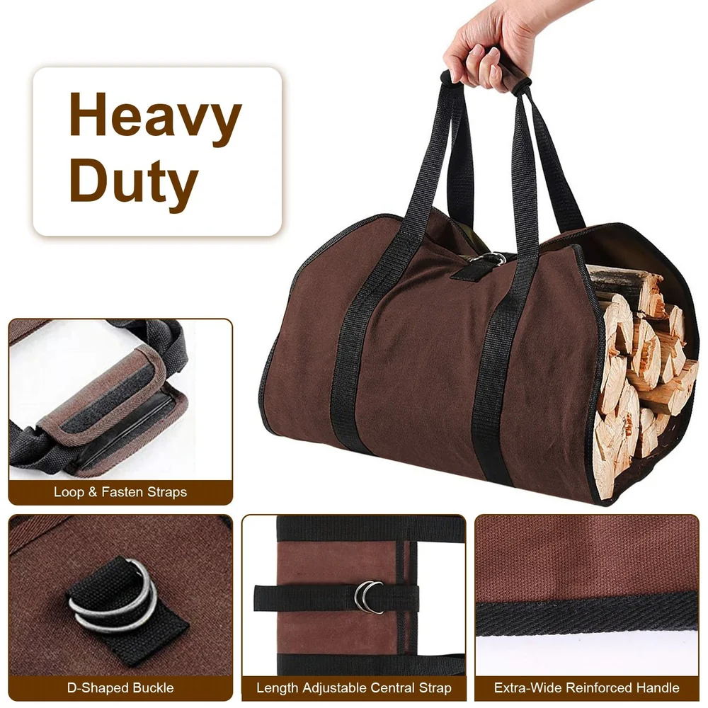 Heavy-duty brown log carrier bag with reinforced handles, adjustable strap, and straps for secure transport of firewood.