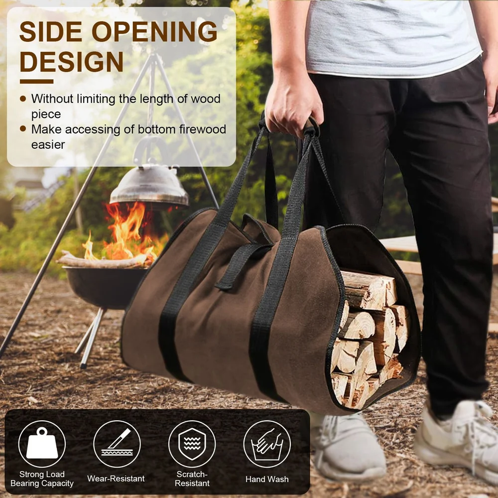 Durable, side-opening firewood carrier bag in brown, being held by a person near a campfire, designed for easy access to firewood without size limitations; ideal for outdoor enthusiasts.