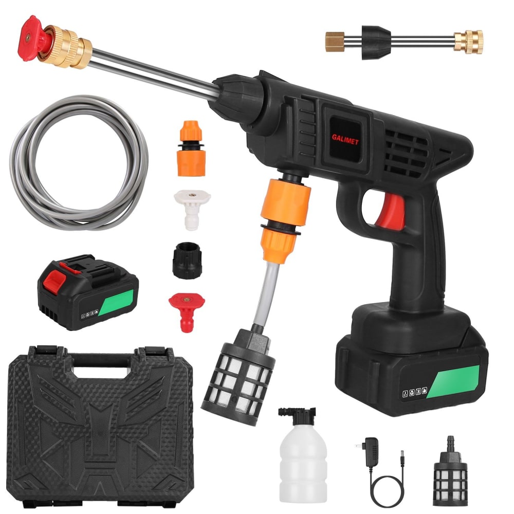 Cordless pressure washer kit including a gun, nozzles, battery, hose, and carrying case for versatile outdoor cleaning.
