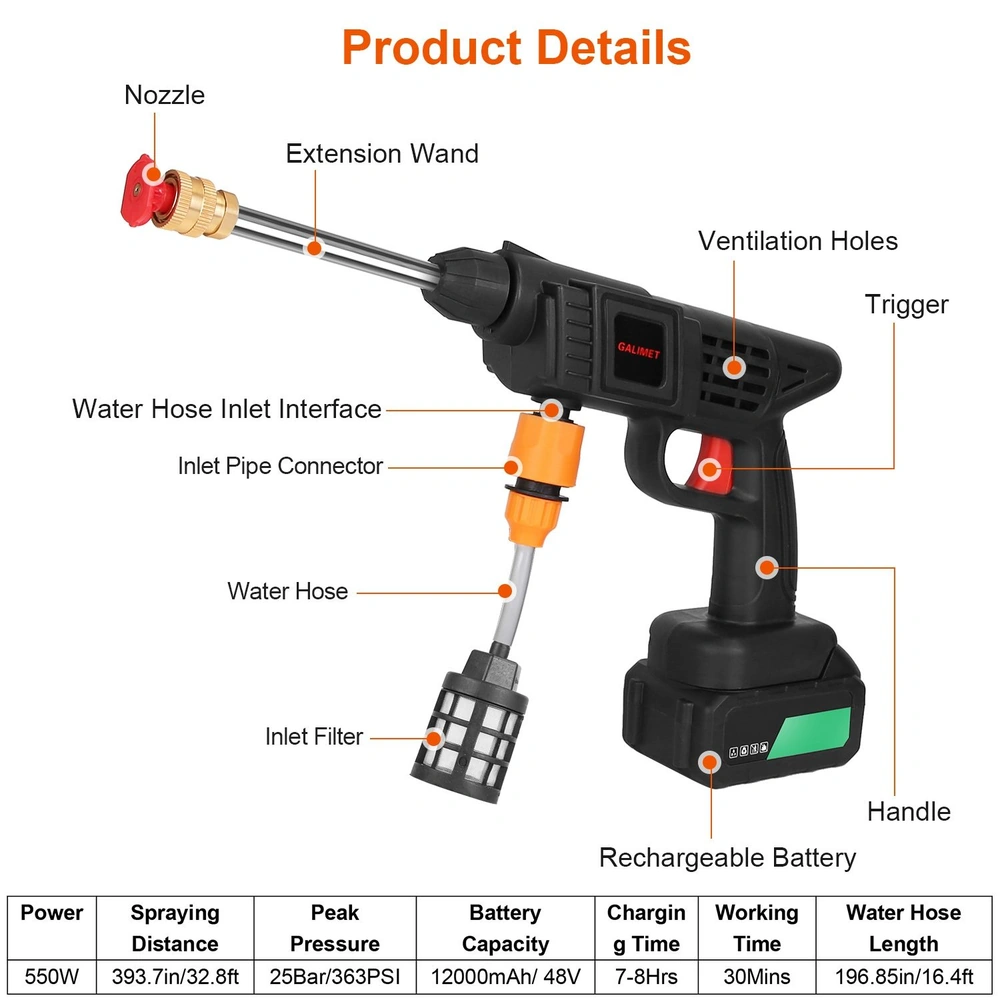 Rechargeable 550W portable power sprayer with extension wand, trigger, and various water inlet connections, designed for effective outdoor cleaning and watering.