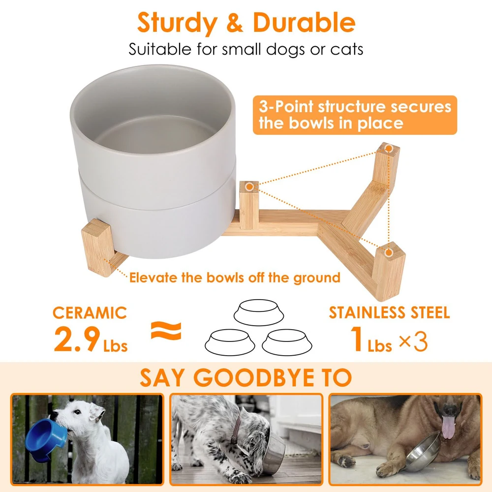 Elevated pet feeding station with ceramic and stainless steel bowls, designed for small dogs and cats, featuring a sturdy bamboo base and a 3-point structure for stability.