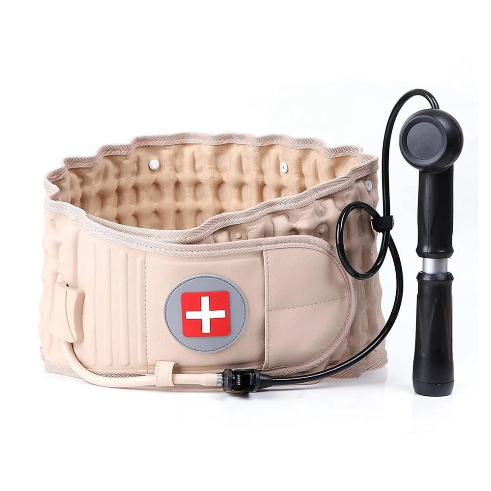 Inflatable therapeutic waist belt with pump, beige, designed for pain relief and support, featuring a red cross emblem for medical use.