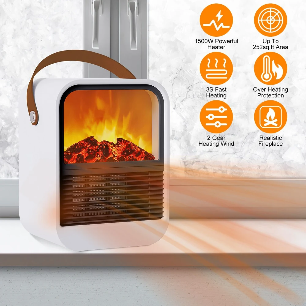 Compact 1500W electric heater with a realistic fireplace design, fast heating in just 3 seconds, suitable for areas up to 252 sq. ft., featuring overheat protection and two heating wind settings, placed on a windowsill.