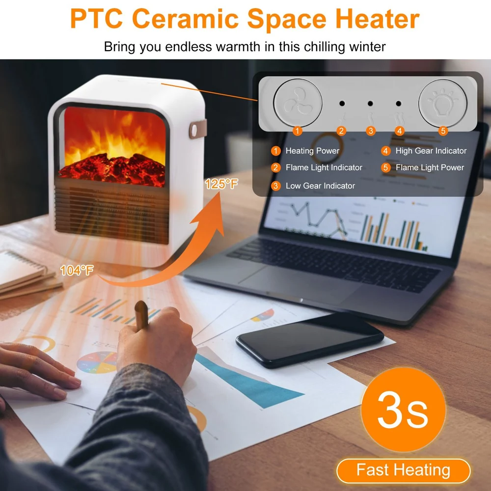 PTC ceramic space heater with flame effect, displaying heating settings and temperature indicators, placed on a desk surrounded by work documents and a laptop, illustrating quick heat delivery in a cozy workspace.
