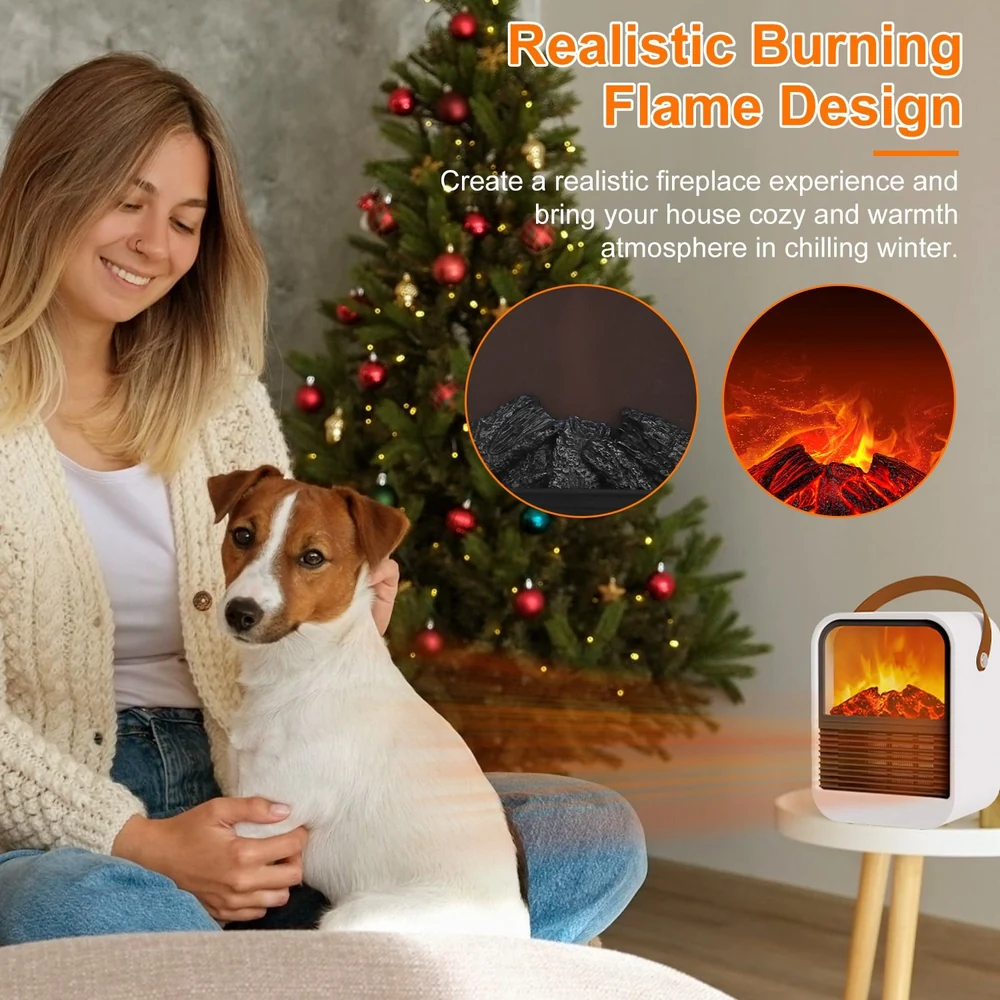 Cozy indoor scene featuring a realistic electric fireplace with a burning flame design, warm ambiance, and a woman sitting with a small dog beside a decorated Christmas tree.