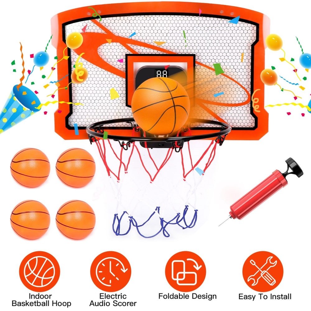 Indoor basketball hoop set with electric audio scorer, featuring a bright orange hoop, a basketball in motion, four small orange basketballs, and a red air pump, designed for easy installation and fun play.