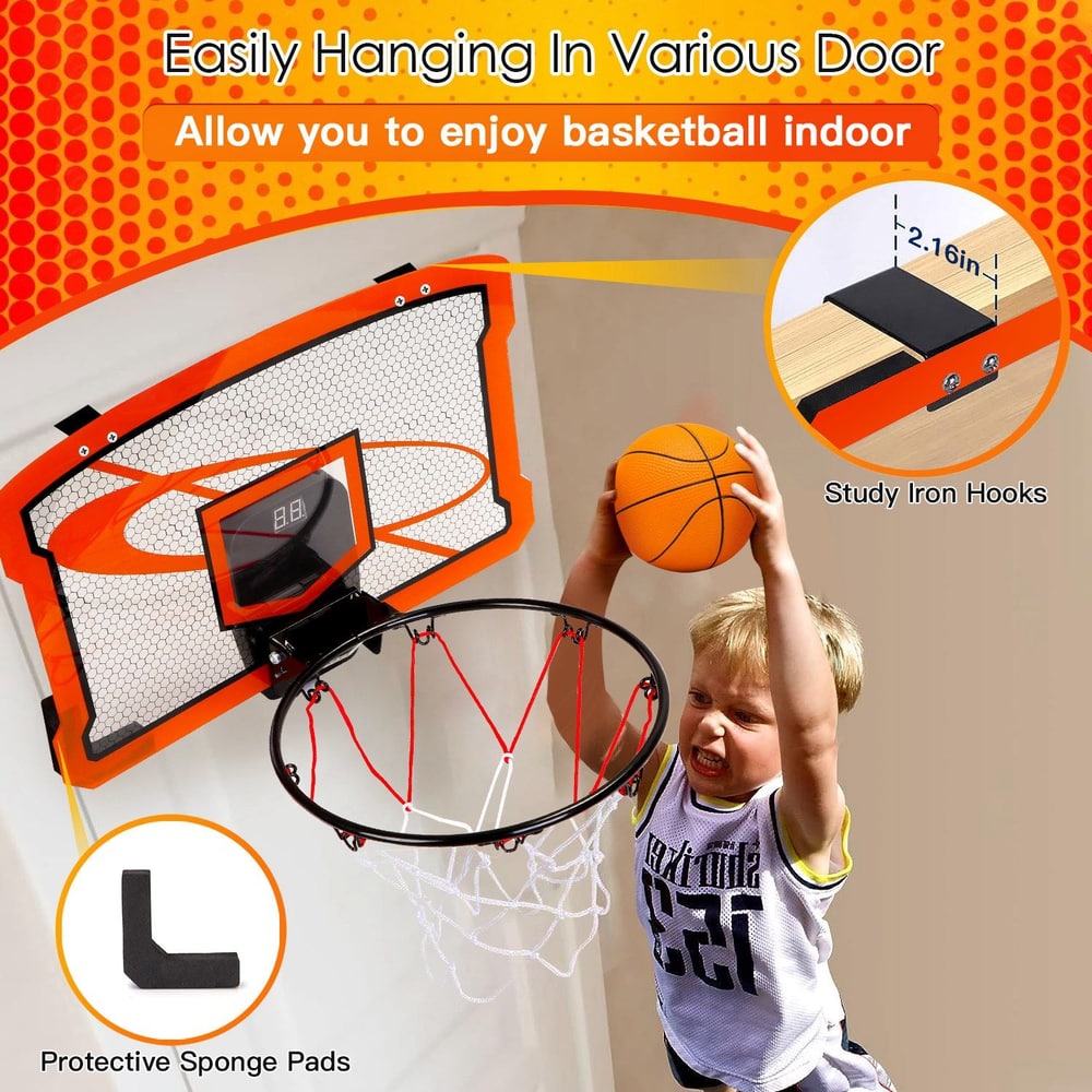 Indoor basketball hoop setup with a child shooting a basketball, featuring a durable backboard with a digital display, sturdy iron hooks, and protective sponge pads for easy hanging on various doors.