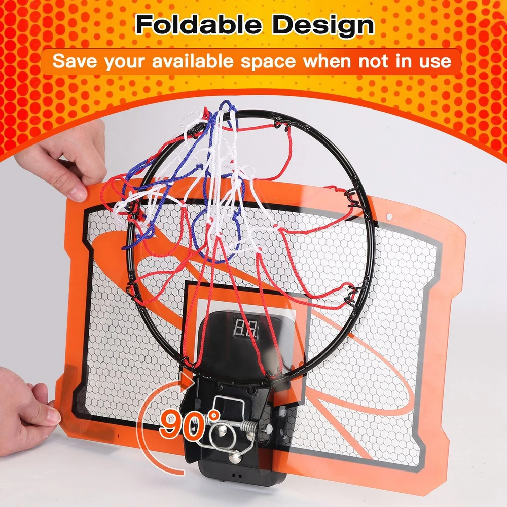 Foldable basketball hoop with blue and red net, space-saving design, and digital scoreboard displayed; ideal for indoor gaming and easy storage.