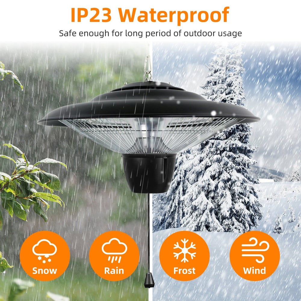 IP23 waterproof hanging outdoor light, designed for durability in snow, rain, frost, and wind, with a sleek black finish and transparent shade for effective illumination.
