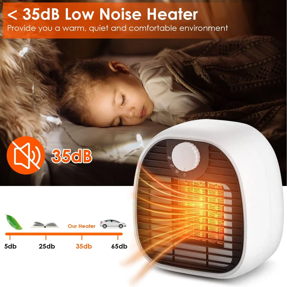 Compact 35dB low noise heater with warm air flow, ideal for creating a quiet and comfortable environment, featuring an adjustable knob for temperature control.
