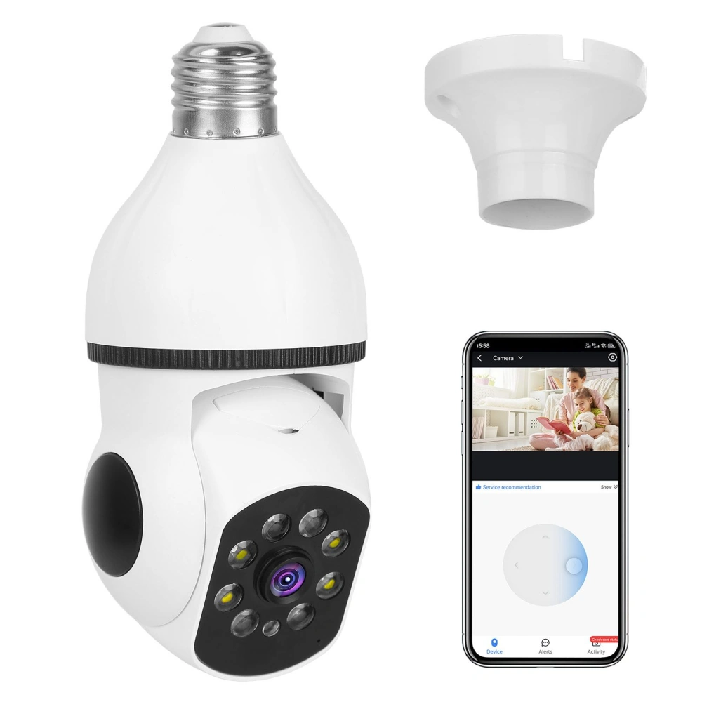 Smart bulb security camera with remote viewing on smartphone and adjustable mounting bracket, showcasing 1080p HD video quality and night vision features.