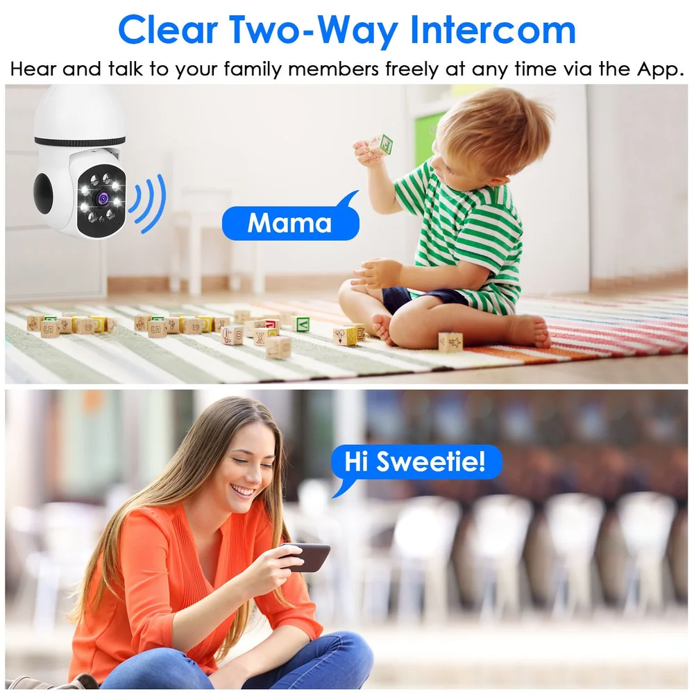 Image of a clear two-way intercom system, featuring a child playing with blocks on a colorful rug while communicating with a woman holding a smartphone, demonstrating the intercom's family communication capabilities through a mobile app.