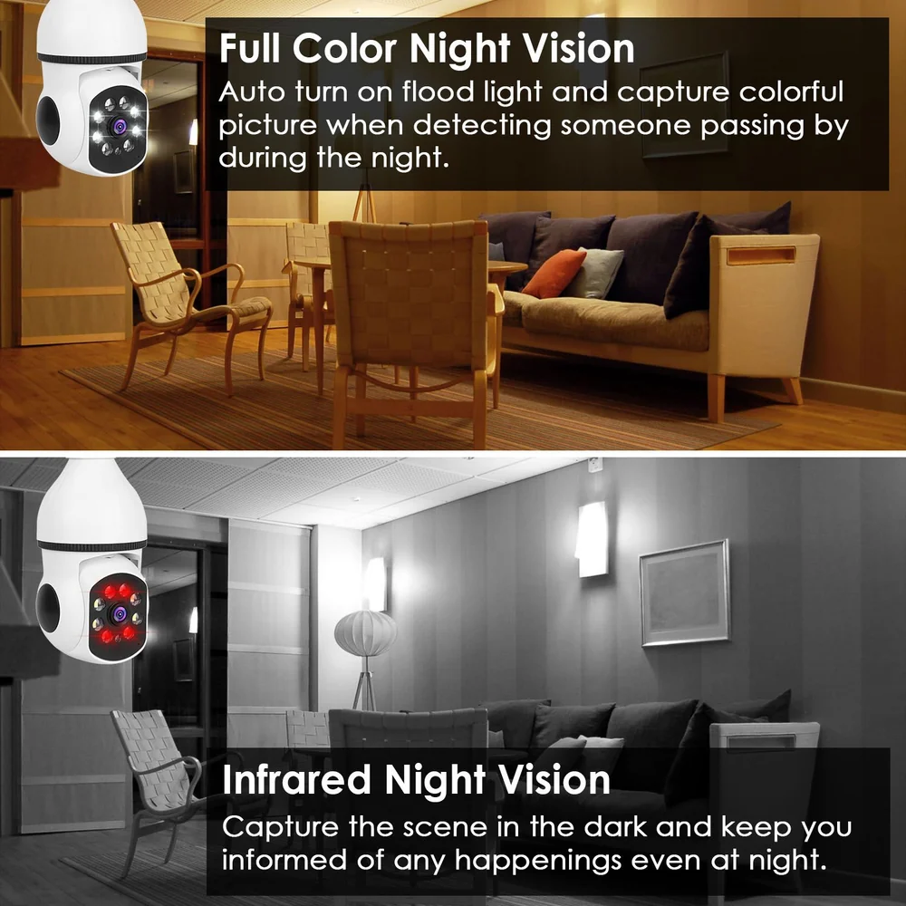 Product image showcasing two types of night vision security cameras: Full Color Night Vision with a floodlight for clear nighttime images, and Infrared Night Vision for capturing dark environments, displayed in a cozy living room setting with furniture.