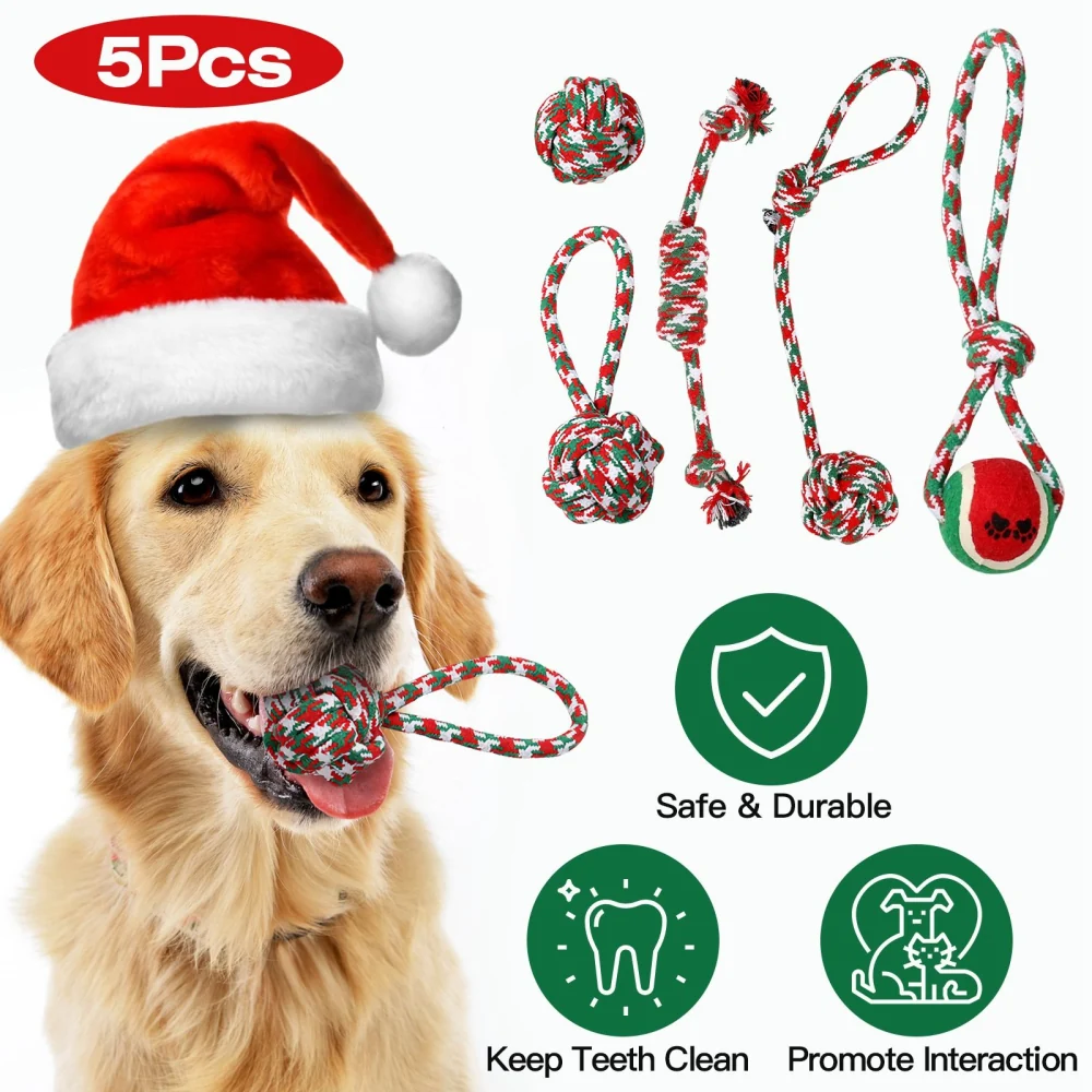 Five-piece festive dog toy set featuring colorful rope balls and knots designed for safety, durability, dental health, and interactive play.