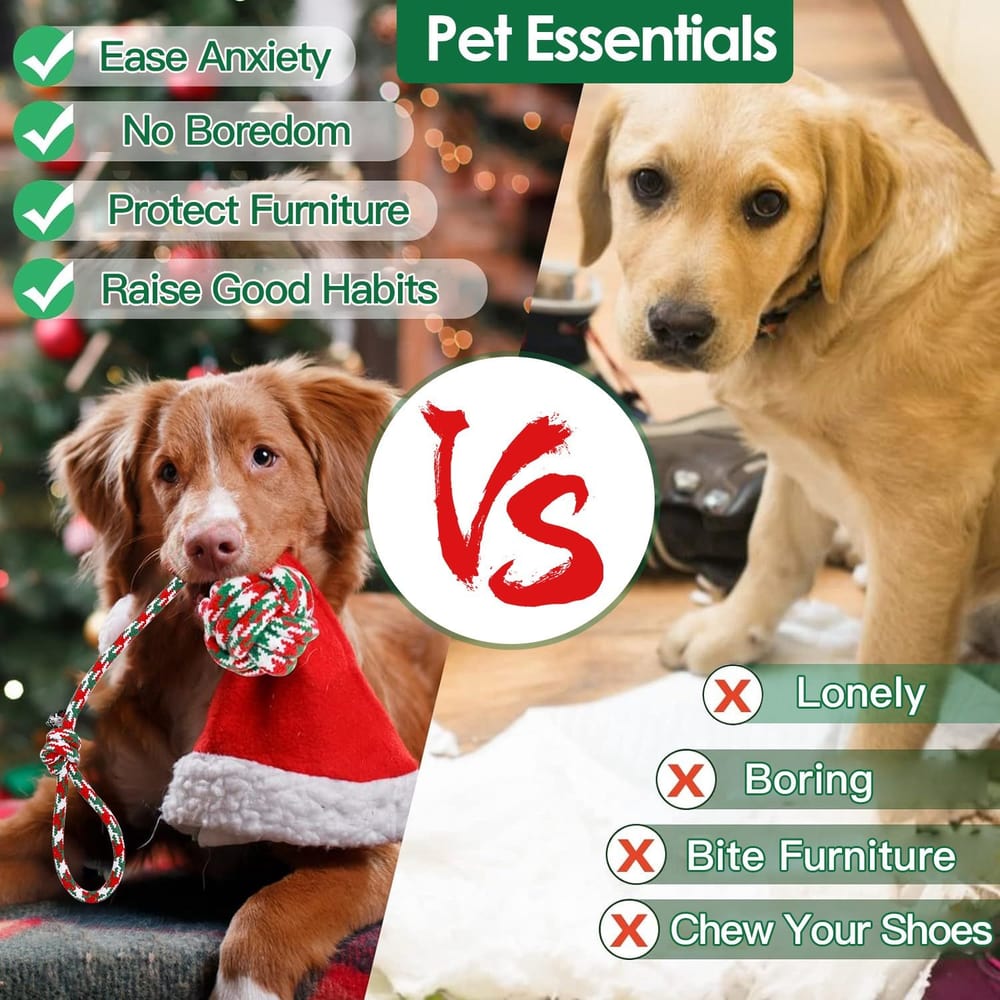 Image comparing pet products designed to ease anxiety and boredom in dogs, featuring a festive dog in a Santa hat on the left with positive attributes like "Ease Anxiety" and "Protect Furniture," versus a bored dog on the right with negative traits like "Lonely" and "Chew Your Shoes."